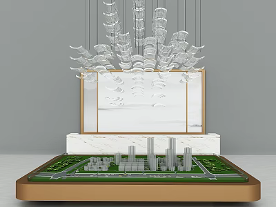 Modern Commercial Display Equipment with City Model Golden Base White Countertop and Transparent Spiral Chandelier 3d model
