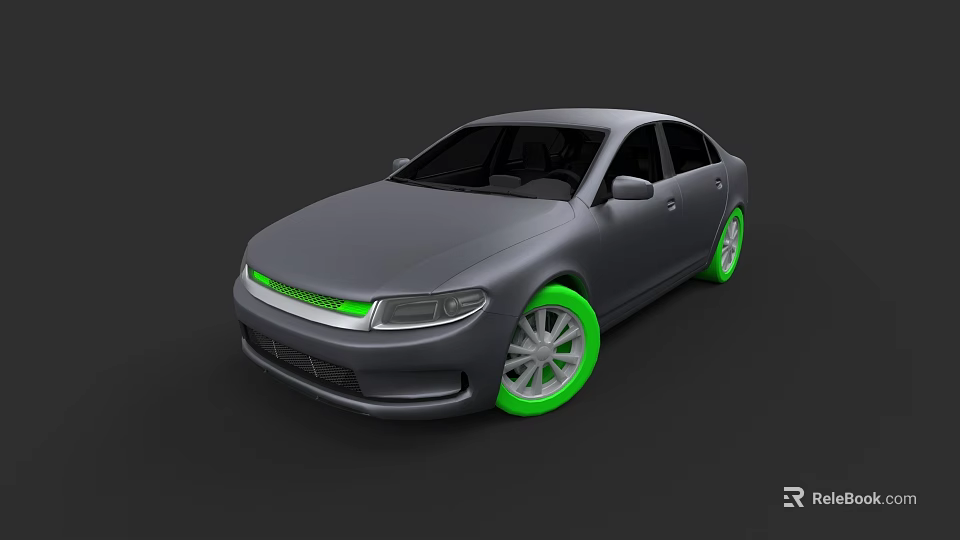 Gray Sedan With Green Rims And Front Trim Stylish Design Features 3d model 