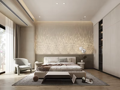 Elegant Modern Bedroom Interior With Platform Bed Textured Wall And Built In Cabinet 3d model