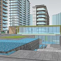 Modern High Rise Residential Complex With Water Features Glass Structure Courtyard Stone Pavement And Greenery