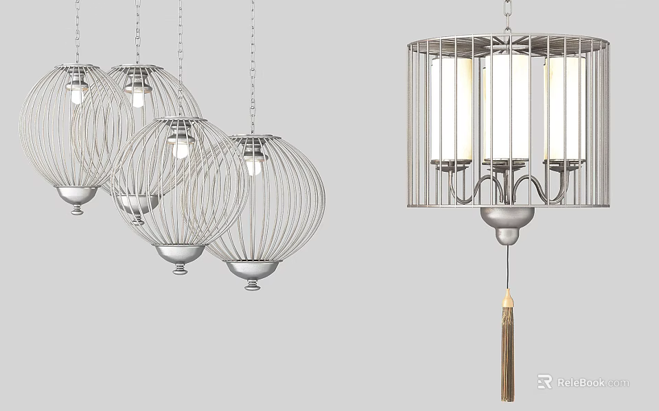 Stylish Hanging Chandeliers With Spherical Metal Frames And Cage Design White Lampshades And Decorative Tassel 3d model 