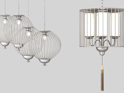 Stylish Hanging Chandeliers With Spherical Metal Frames And Cage Design White Lampshades And Decorative Tassel 3d model