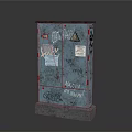 Blue Electrical Appliances Cabinet With Graffiti Stickers And Warning Signs