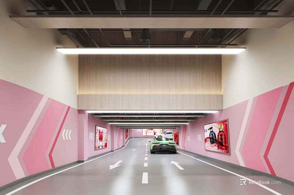 Modern Parking Garage With Pink Walls Decorative Artworks Green Car White Arrows And Lighting 3d model 