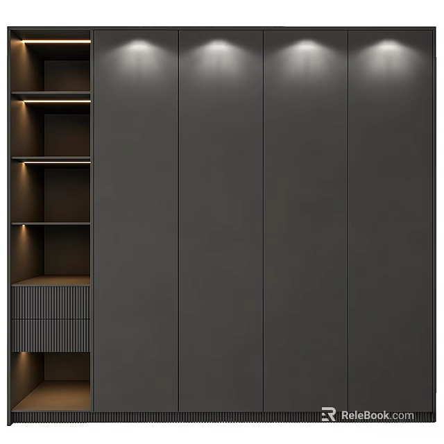 Modern Dark Dresser with Illuminated Open Shelves and Storage Compartments 3d model 