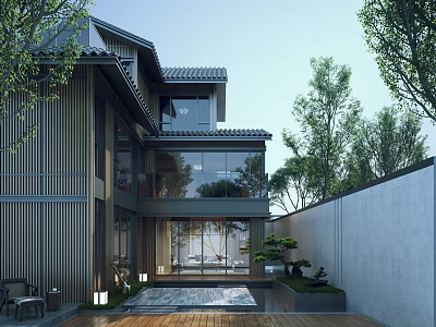 Chinese Garden Landscape With Modern Architecture Courtyard Water Feature And Green Plants 3d model