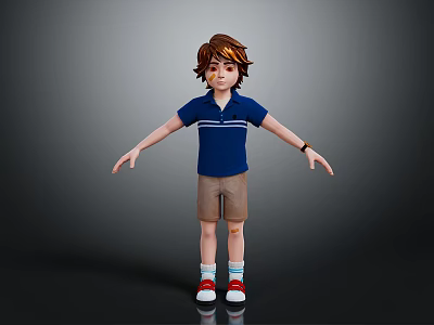 3D Boy Character Model With Blue Polo Shirt Brown Shorts Red Socks And White Shoes 3d model