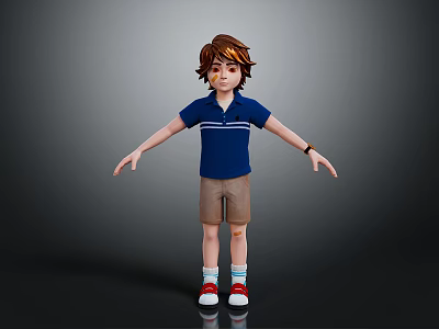 3D Boy Character Model With Blue Polo Shirt Brown Shorts Red Socks And White Shoes 3d model