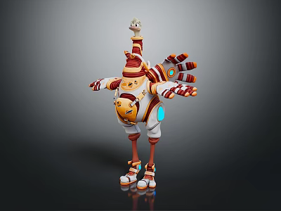 Red White Cartoon Character With Biological Features And Small Creature On Mechanical Body 3d model