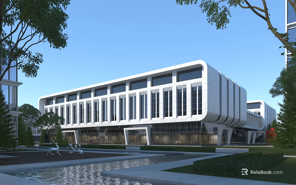 Modern White Office Building With Large Glass Windows Trees And Water Pool 3d model 