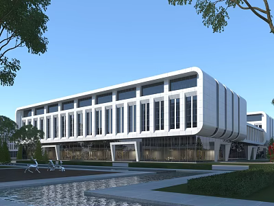 Modern White Office Building With Large Glass Windows Trees And Water Pool 3d model