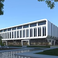 Modern White Office Building With Large Glass Windows Trees And Water Pool