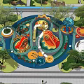 Colorful Children's Play Area Featuring Circular Structures Greenery And Lighting Elements