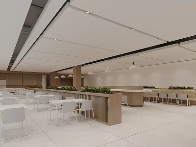 Modern Restaurant Interior With White Tables Chairs Wooden Partition Green Plants And Bright Lighting 3d model