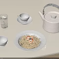 Minimalist Table Setting With Shrimp Pasta White Teapot Gray Cups And Milk Glass