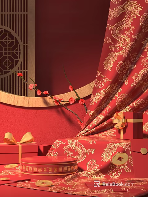 Traditional Chinese Decorations With Red Background Golden Dragon Fabric Plum Blossom And Gift Boxes 3d model 