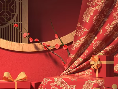 Traditional Chinese Decorations With Red Background Golden Dragon Fabric Plum Blossom And Gift Boxes 3d model