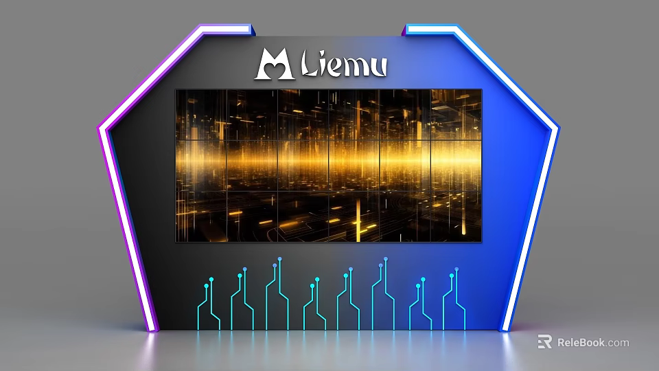 Liemu Modern Display Shelf With Blue Purple Border Illuminated LED Lights And Golden Background 3d model 