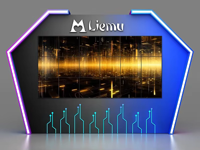 Liemu Modern Display Shelf With Blue Purple Border Illuminated LED Lights And Golden Background 3d model