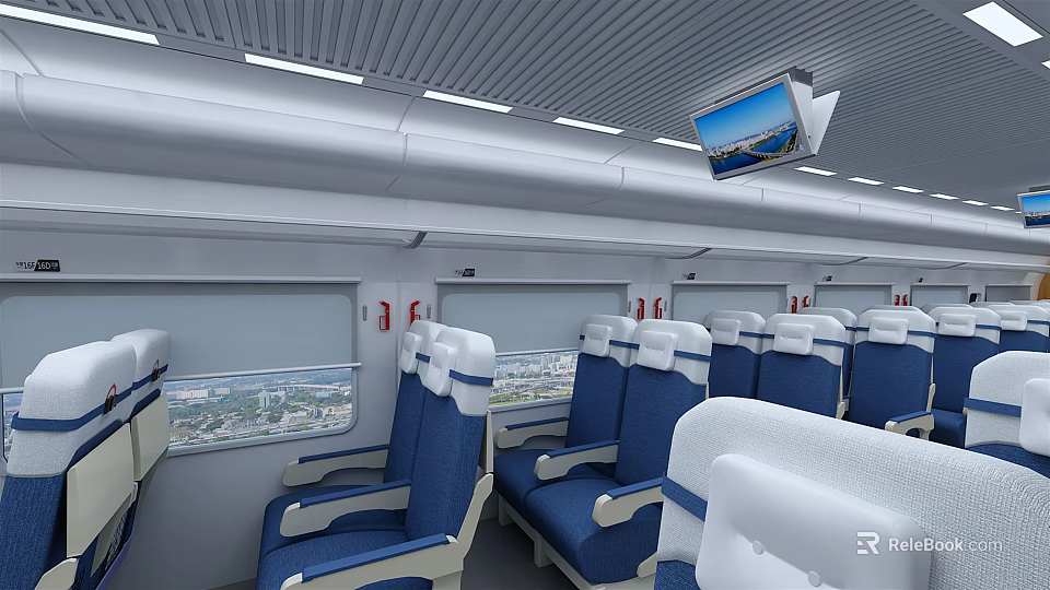 High Speed Train Carriage Interior With Blue Seats And Overhead TV Screen 3d model 