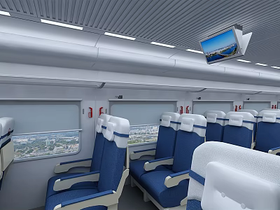 High Speed Train Carriage Interior With Blue Seats And Overhead TV Screen 3d model