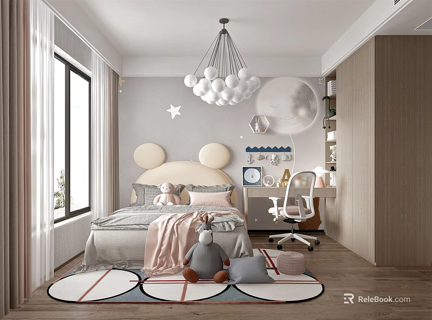 Bright Kids Bedroom Interior With Curved Headboard Ball Pendant Light And Round Rugs 3d model 