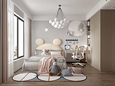 Bright Kids Bedroom Interior With Curved Headboard Ball Pendant Light And Round Rugs 3d model