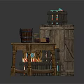 Rustic Medieval Building Interior With Wooden Crates Barrels Decorative Cabinet And Flame Tables