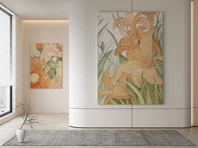 Two Botanical Paintings Featuring Orange Yellow Flowers and Green Leaves on Modern Interior Wall 3d model