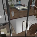 Loft Interior With Upper Bed Metal Railing Spiral Staircase Lower Sofa Wooden Floor Potted Plant