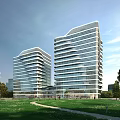 Modern High Rise Office Buildings With Glass Curtain Walls In Green Park Surroundings