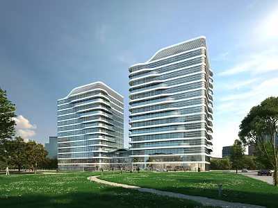 Modern High Rise Office Buildings With Glass Curtain Walls In Green Park Surroundings 3d model