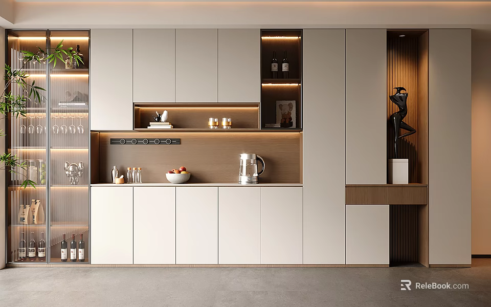 Modern Wine Cabinet With Glass Doors LED Lighting And Wine Bottles In Interior Design 3d model 
