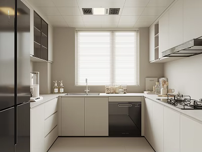 Modern White And Light Gray Kitchen Interior With Black Refrigerator Cabinets Sink And Window Blinds 3d model