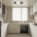 Modern White And Light Gray Kitchen Interior With Black Refrigerator Cabinets Sink And Window Blinds