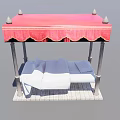 White Outdoor Daybed With Red Canopy Gazebo Style Structure And Stone Base