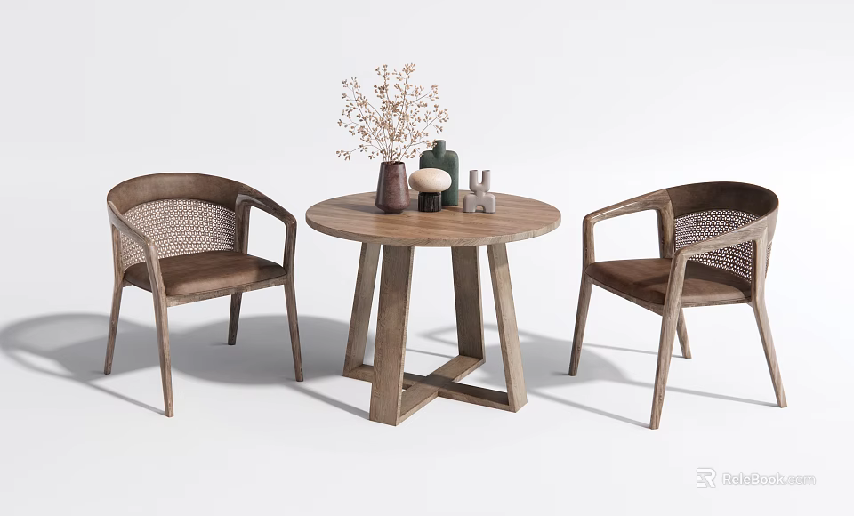 Natural Round Wooden Table And Rattan Back Chairs Set With Decor 3d model 