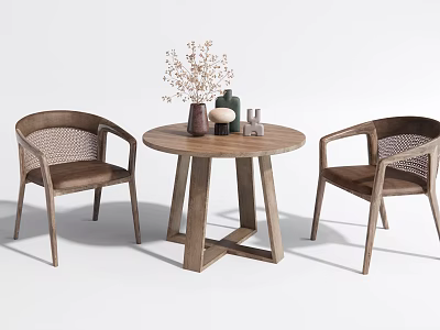 Natural Round Wooden Table And Rattan Back Chairs Set With Decor 3d model