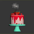 Birthday Cake With Red Dripping Frosting Fresh Fruit Toppings And Sparklers On Green Cake Stand