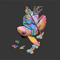 Colorful Character Riding Vibrant Fish Creature With Feather Staff And Small Fish