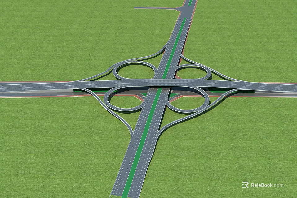 Multi Level Highway Bridge Interchange With Green Grass And Road Lanes 3d model