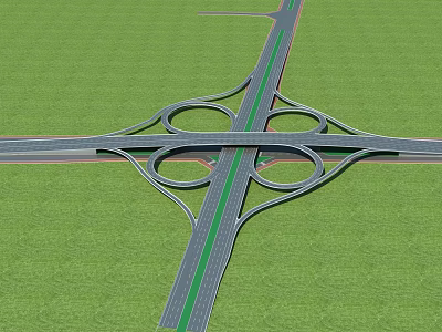 Multi Level Highway Bridge Interchange With Green Grass And Road Lanes 3d model