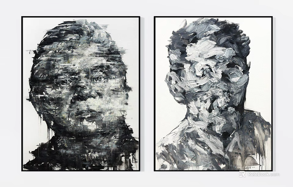 Two Abstract Black And White Portrait Paintings With Textured Brushstrokes 3d model 