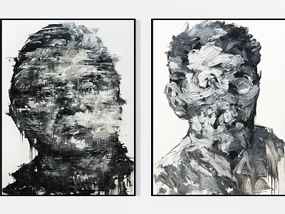 Two Abstract Black And White Portrait Paintings With Textured Brushstrokes 3d model