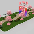 Floral Art Installation with Pink Archway Cherry Blossom Trees and Colorful Tulips on Lawn Pathway