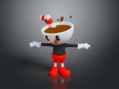Cartoon Cup Character With White Body Brown Liquid Red White Stirrer Splashing And Open Arms 3d model