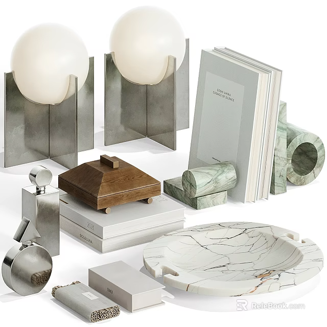 Modern Decorative Ornament Set With Marble Tray Wooden Box And Metal Geometric Accents 3d model 