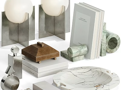 Modern Decorative Ornament Set With Marble Tray Wooden Box And Metal Geometric Accents 3d model