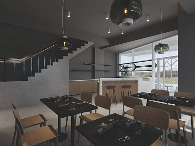 Modern Restaurant Interior With Wooden Tables Chairs Hanging Pendant Lights Black Staircase And Large Windows 3d model