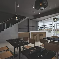 Modern Restaurant Interior With Wooden Tables Chairs Hanging Pendant Lights Black Staircase And Large Windows
